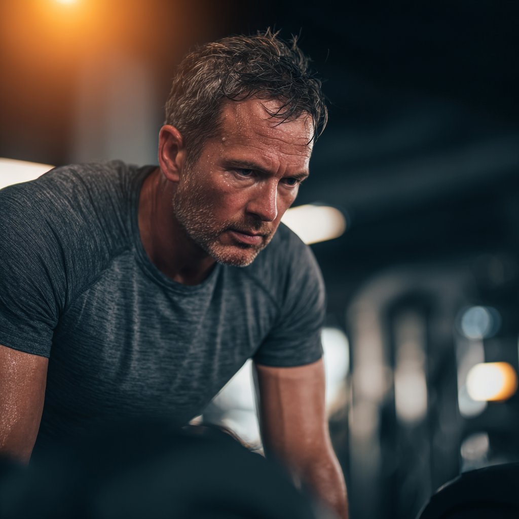 Middle-aged man training with focus and determination in modern gym setting